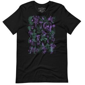 Woman’s Medium Black T-Shirt with Graphic Skull Purple Floral Botanical Print